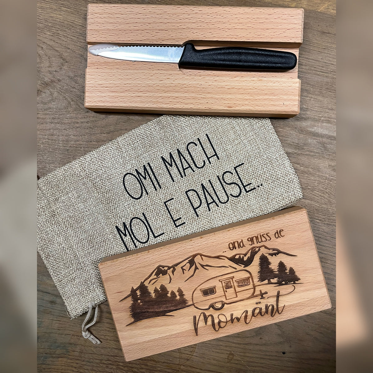 Schneidebrett â€žto goâ€œ Holz inkl. Messer/Etui